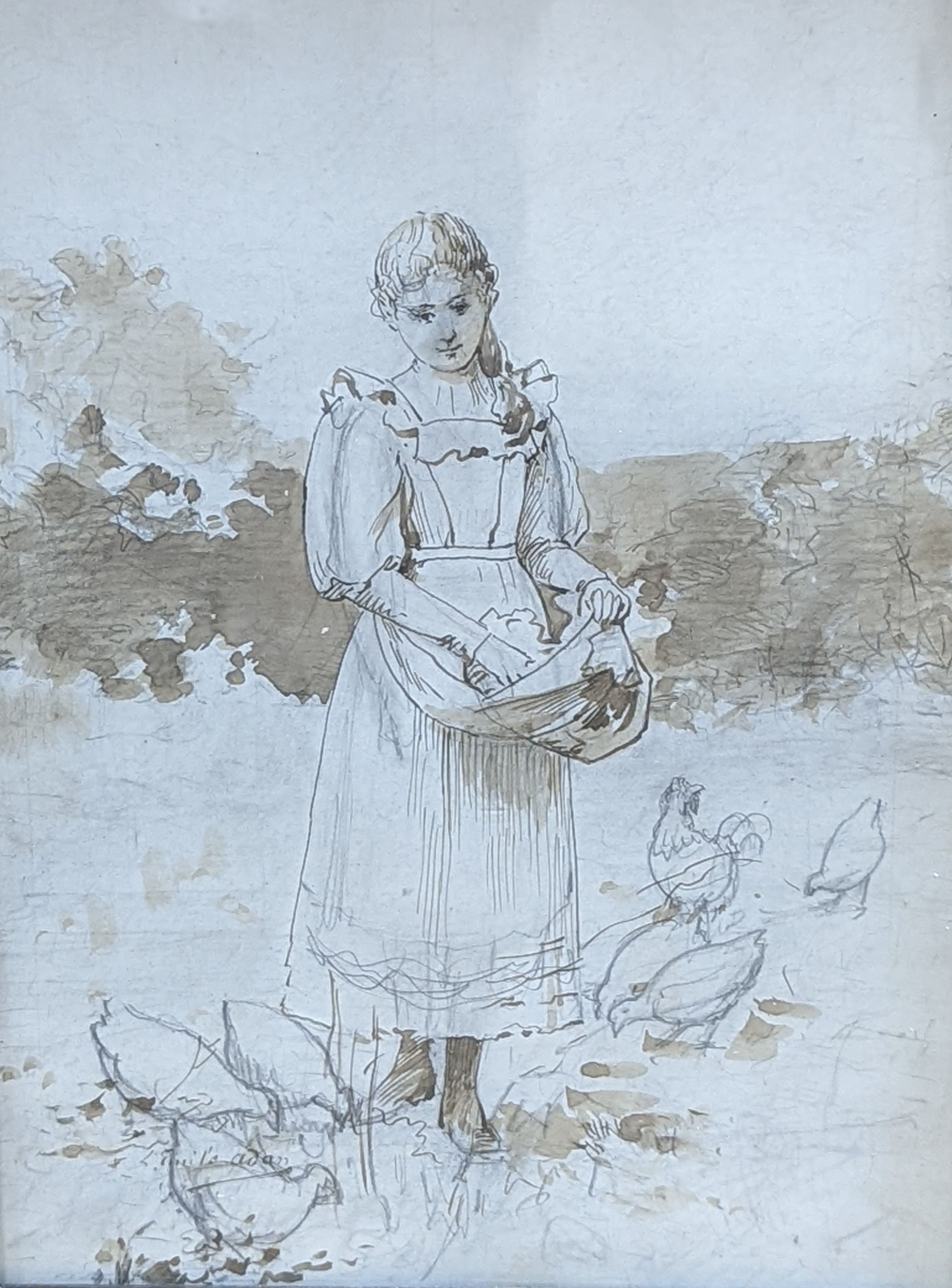 Emile Adam, pencil and wash, Girl feeding chickens, signed, 31 x 23cm